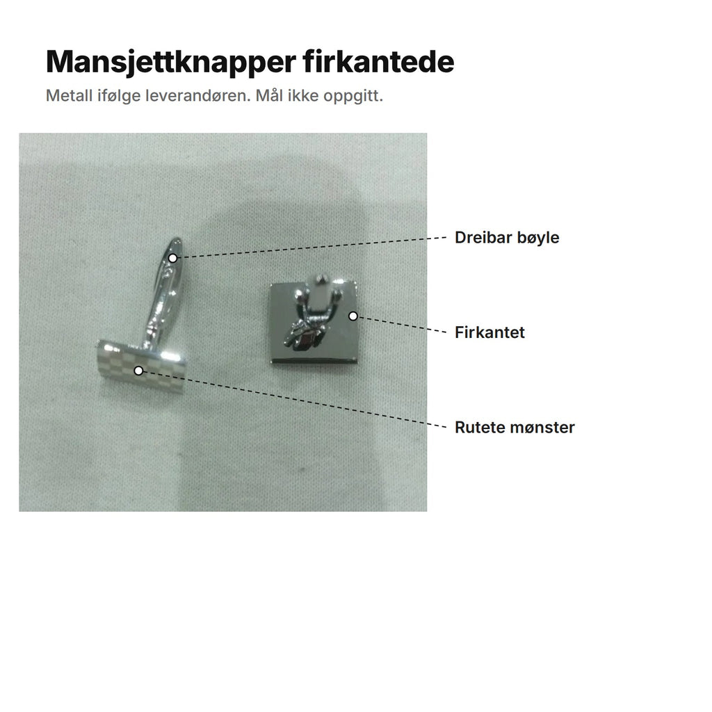 Firkantede mansjettknapper forklart: dreibar bøyle, firkantet form og rutete mønster