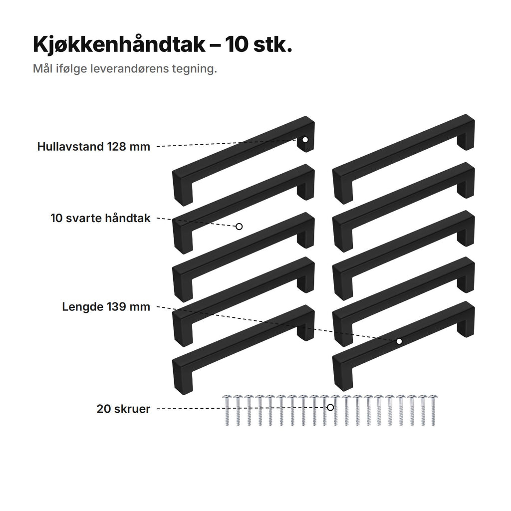 Kjøkkenhåndtak forklart: 10 svarte håndtak, hullavstand 128 mm, lengde 139 mm og 20 skruer