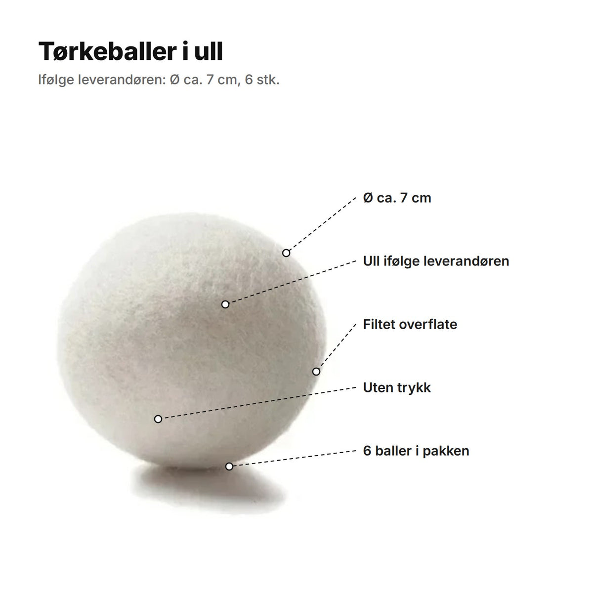 Tørkeballer i ull forklart: Ø ca. 7 cm, ull ifølge leverandøren, filtet overflate, uten trykk, 6 baller i pakken