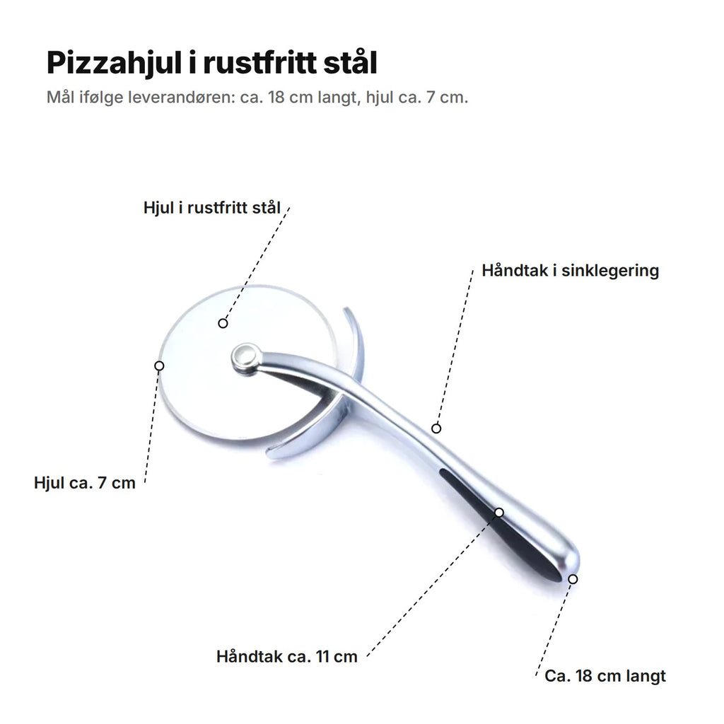 Pizzahjulet forklart: hjul i rustfritt stål på ca. 7 cm, håndtak i sinklegering på ca. 11 cm, ca. 18 cm langt i alt