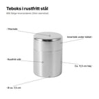 Teboks i rustfritt stål forklart: ytterlokk, innerlokk under lokket, rustfritt stål, ca. 11,5 cm høy, Ø ca. 7,5 cm