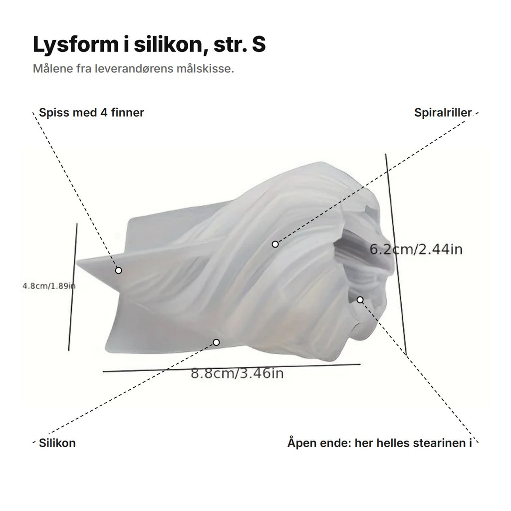 Lysformen i str. S forklart: spiss med 4 finner, spiralriller, silikon og åpen ende der stearinen helles i; 8,8 cm lang og 6,2 cm over åpningen