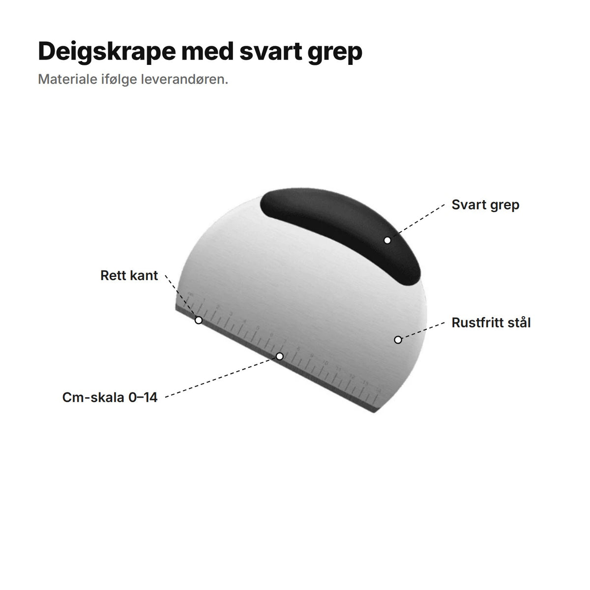 Deigskrape med svart grep forklart: svart grep, blad i rustfritt stål, rett kant og cm-skala fra 0 til 14