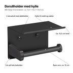 Dorullholderen forklart: hylle til mobil og nøkler, to skruehull med dekkhetter, lim på hele baksiden, åpen arm på ca. 12 cm, ca. 13,5 cm bred