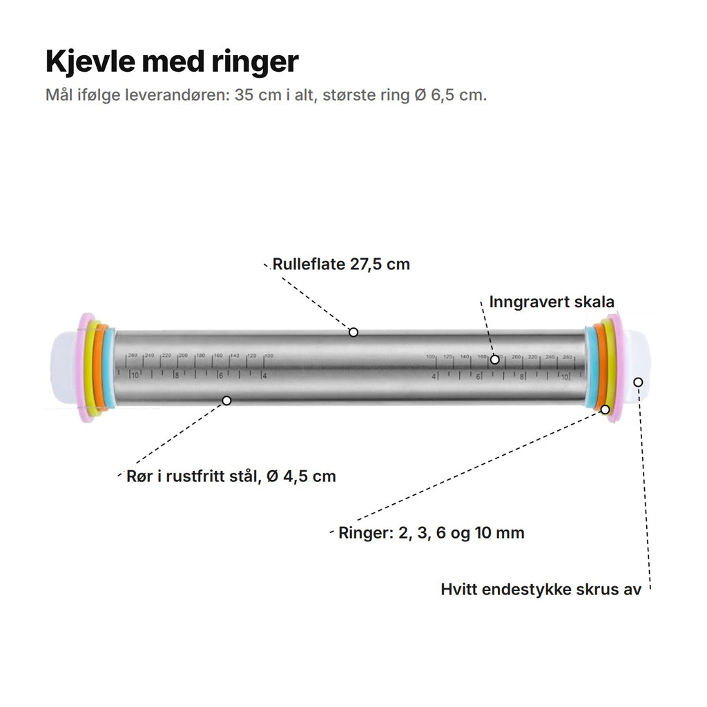 Kjevlen forklart: rulleflate 27,5 cm, rør i rustfritt stål Ø 4,5 cm, inngravert skala, ringer på 2, 3, 6 og 10 mm og hvite endestykker som skrus av