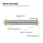 Kjevlen forklart: rulleflate 27,5 cm, rør i rustfritt stål Ø 4,5 cm, inngravert skala, ringer på 2, 3, 6 og 10 mm og hvite endestykker som skrus av