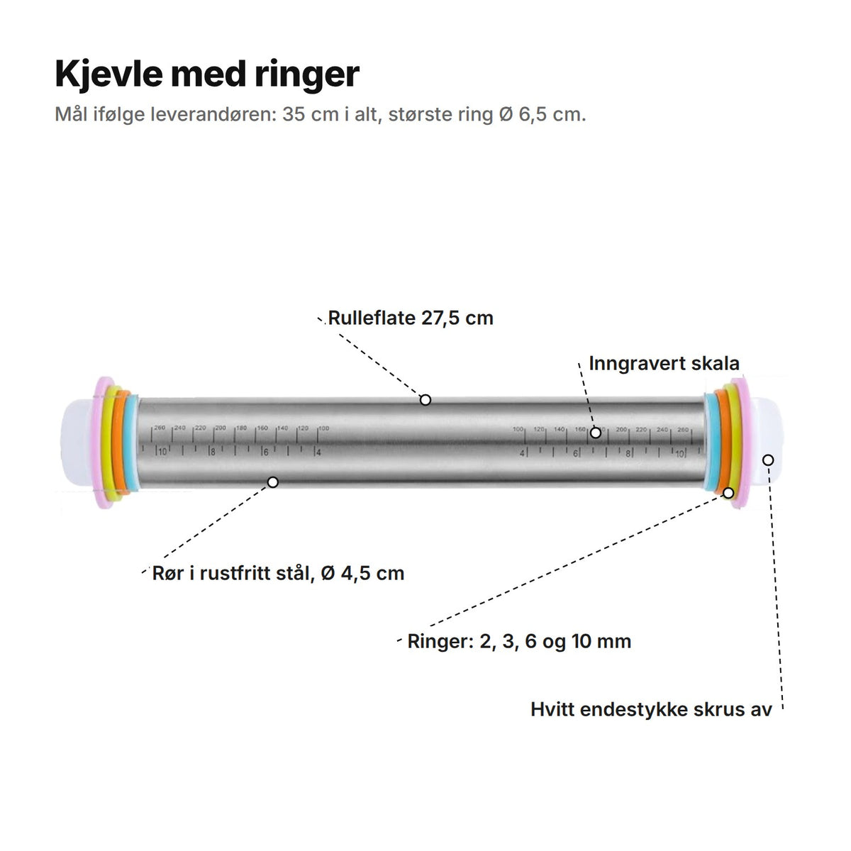 Kjevlen forklart: rulleflate 27,5 cm, rør i rustfritt stål Ø 4,5 cm, inngravert skala, ringer på 2, 3, 6 og 10 mm og hvite endestykker som skrus av