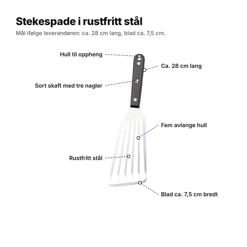 Stekespaden forklart: hull til oppheng, sort skaft med tre nagler, ca. 28 cm lang, fem avlange hull, rustfritt stål og et blad på ca. 7,5 cm