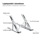 Laptopstativ i aluminium forklart: sklisikre puter, aluminiumslegering, 6 hakk for høyden, ca. 5,5–15 cm høyt, bøyd forkant