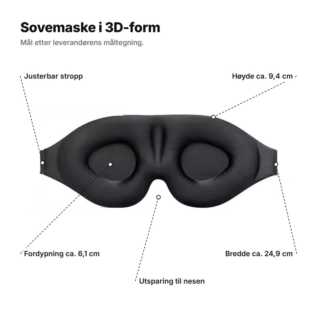 Sovemaske i 3D-form forklart: justerbar stropp, høyde ca. 9,4 cm, fordypning ca. 6,1 cm, utsparing til nesen og bredde ca. 24,9 cm