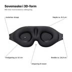 Sovemaske i 3D-form forklart: justerbar stropp, høyde ca. 9,4 cm, fordypning ca. 6,1 cm, utsparing til nesen og bredde ca. 24,9 cm