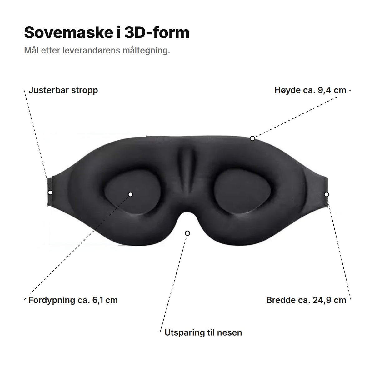 Sovemaske i 3D-form forklart: justerbar stropp, høyde ca. 9,4 cm, fordypning ca. 6,1 cm, utsparing til nesen og bredde ca. 24,9 cm