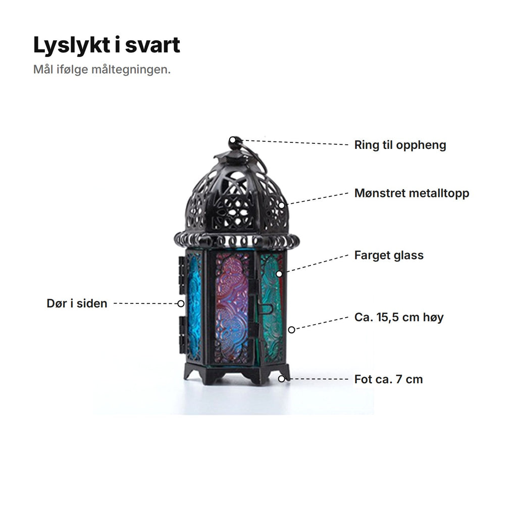 Lyslykt i svart forklart: ring til oppheng, mønstret metalltopp, farget glass, dør i siden, ca. 15,5 cm høy og fot ca. 7 cm