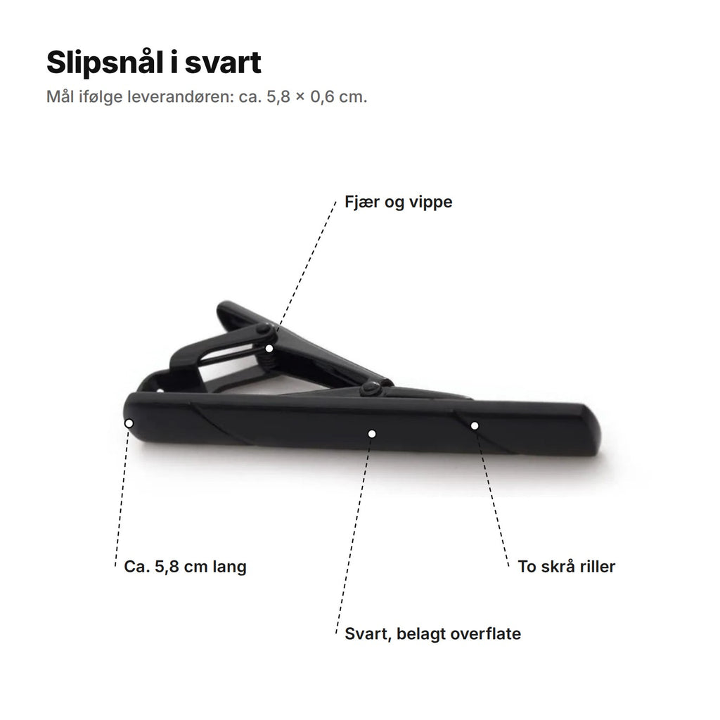 Slipsnål i svart forklart: fjær og vippe, to skrå riller, ca. 5,8 cm lang, svart belagt overflate