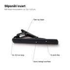 Slipsnål i svart forklart: fjær og vippe, to skrå riller, ca. 5,8 cm lang, svart belagt overflate
