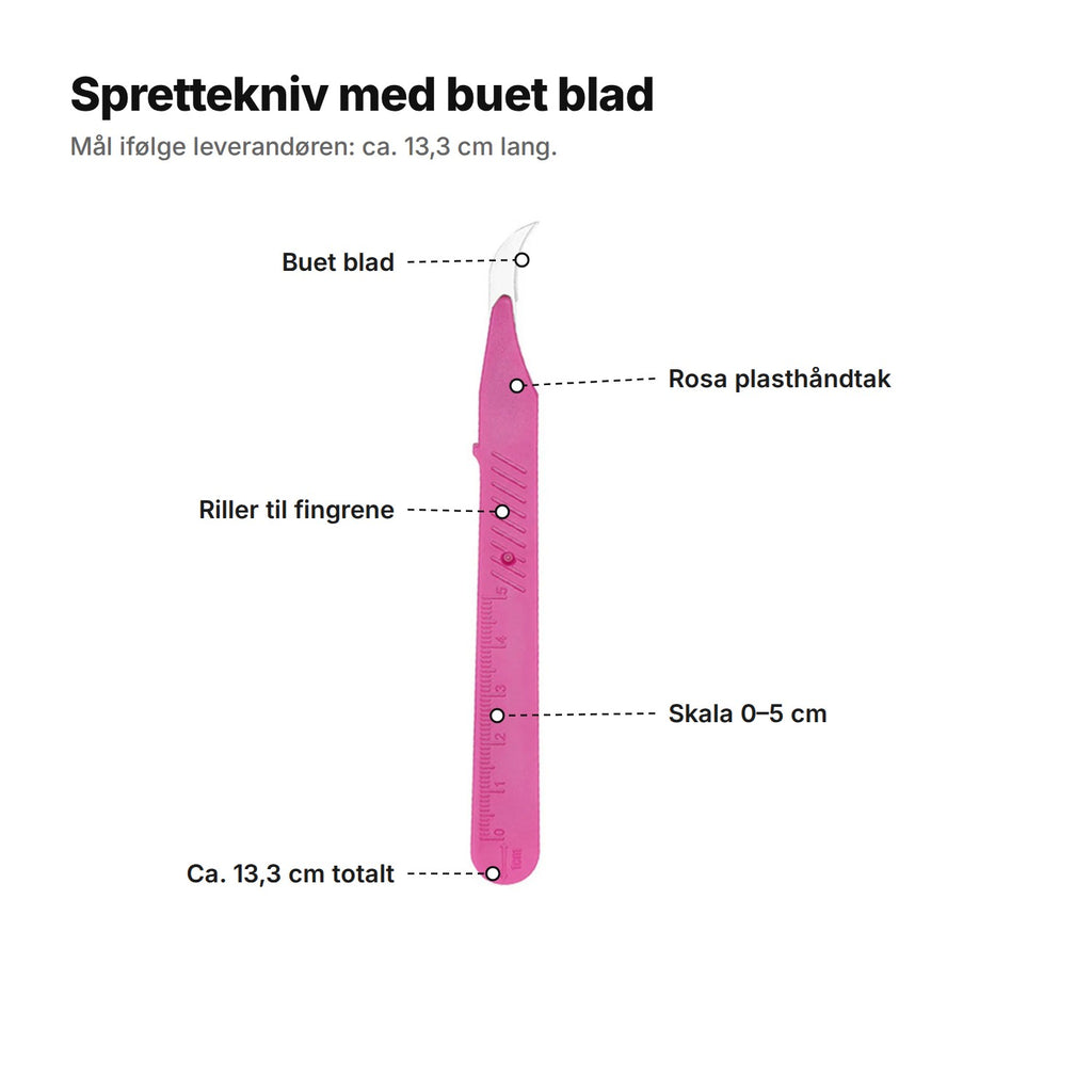 Sprettekniv forklart: buet blad, rosa plasthåndtak, riller til fingrene, skala 0–5 cm, ca. 13,3 cm totalt