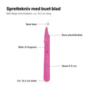 Sprettekniv forklart: buet blad, rosa plasthåndtak, riller til fingrene, skala 0–5 cm, ca. 13,3 cm totalt