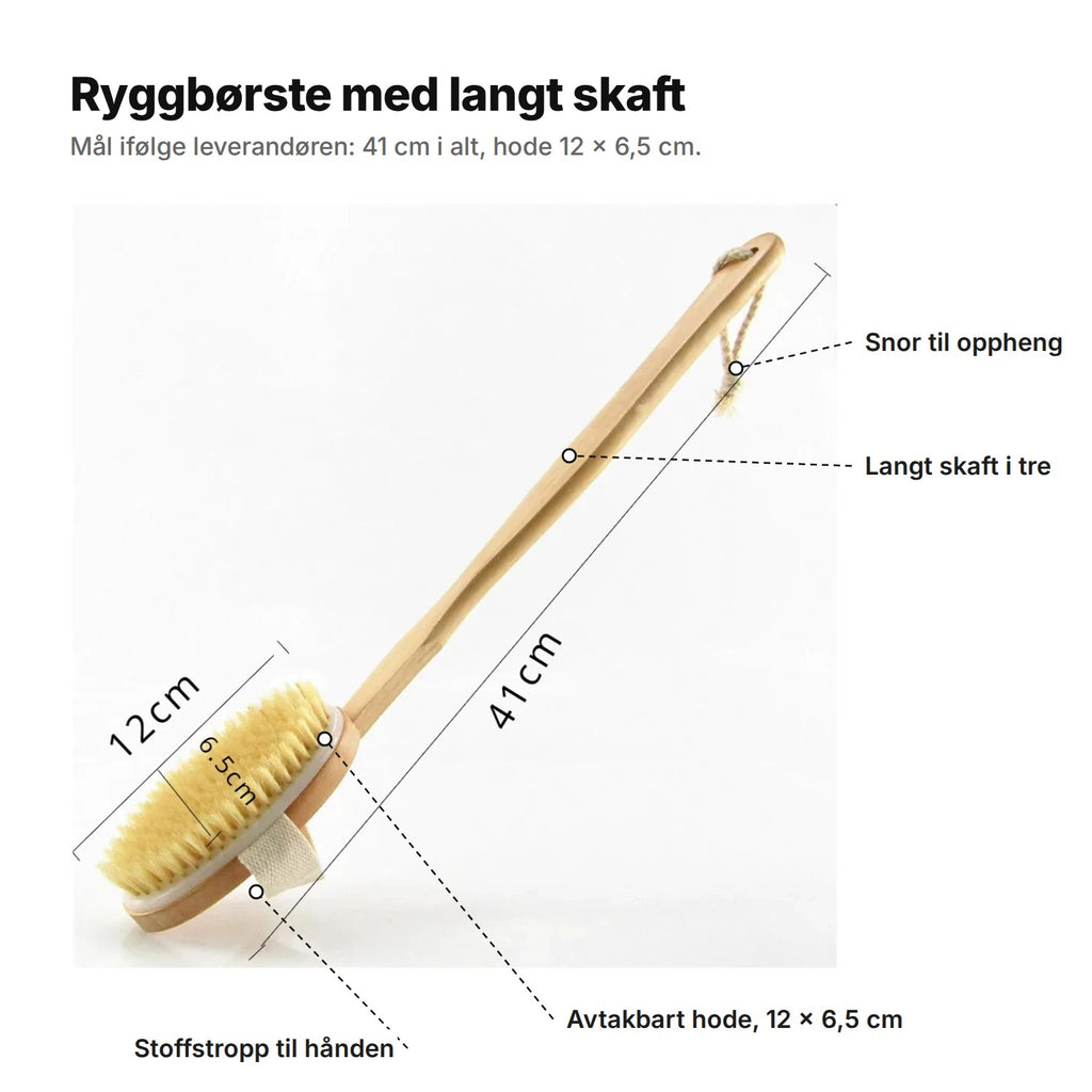 Ryggbørsten forklart: snor til oppheng, langt skaft i tre, avtakbart hode på 12 × 6,5 cm og stoffstropp til hånden, 41 cm i alt
