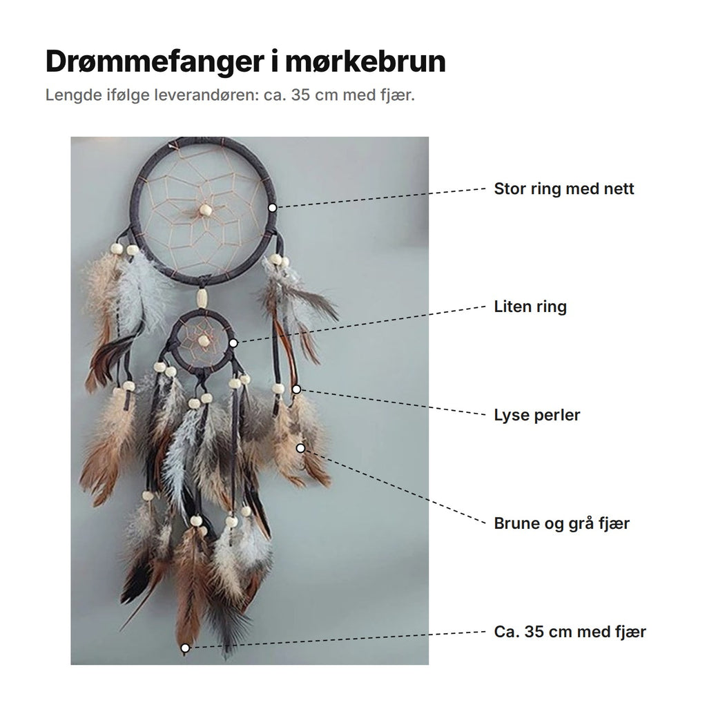 Drømmefanger i mørkebrun forklart: stor ring med nett, liten ring, lyse perler, brune og grå fjær, ca. 35 cm lang med fjær