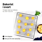 Svart bakerist på ca. 27,6 × 25,3 cm til kaker, brød og småkaker, med tett trådgitter