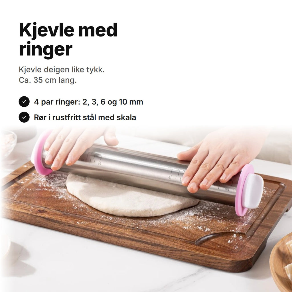 Kjevle med ringer i rustfritt stål som kjevler ut en deig – ca. 35 cm, ringer for 2, 3, 6 og 10 mm