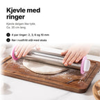 Kjevle med ringer i rustfritt stål som kjevler ut en deig – ca. 35 cm, ringer for 2, 3, 6 og 10 mm