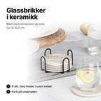 Glassbrikker i keramikk med marmormønster: 6 stk. i holder av svart metall og en brikke under et glass – Ø ca. 10,2 cm