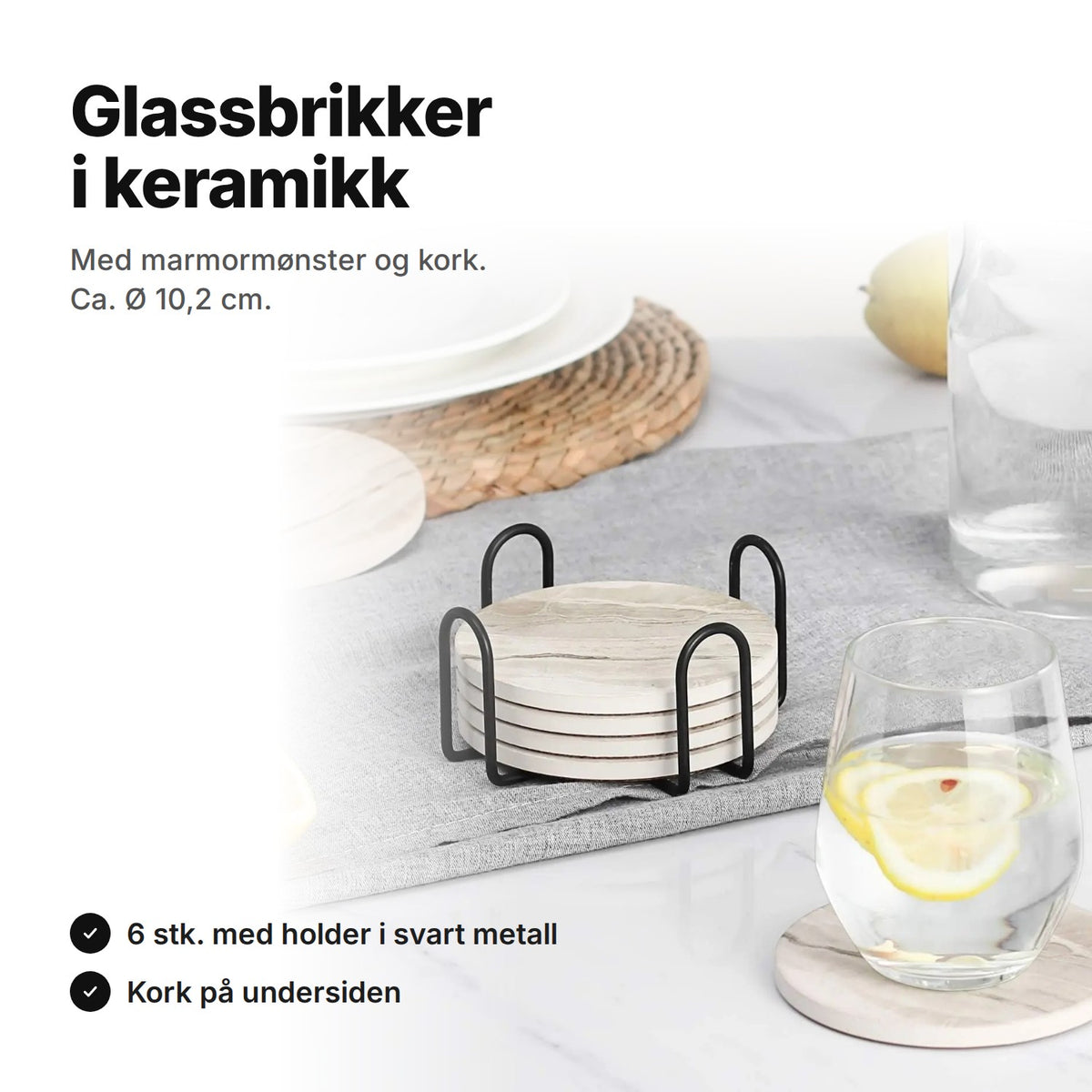 Glassbrikker i keramikk med marmormønster: 6 stk. i holder av svart metall og en brikke under et glass – Ø ca. 10,2 cm
