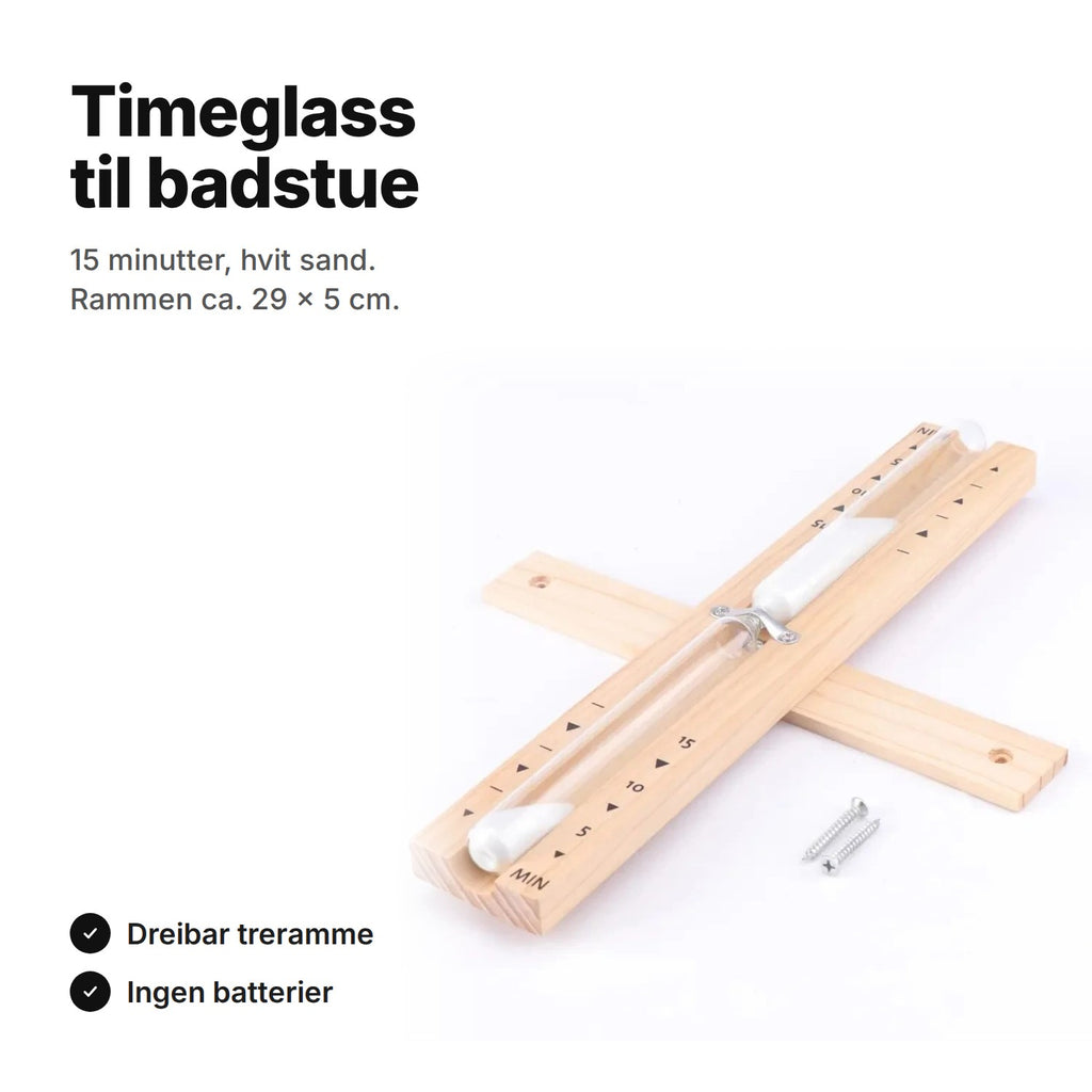 Timeglass til badstue, 15 minutter, hvit sand og dreibar treramme, ca. 29 × 5 cm