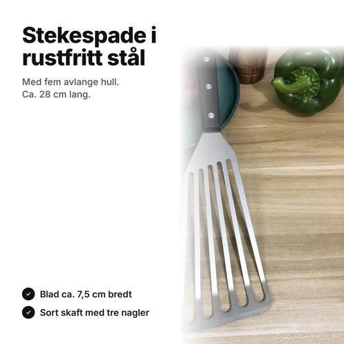 Stekespade i rustfritt stål med fem avlange hull – ca. 28 cm lang, blad ca. 7,5 cm