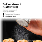 Sukkerstrøer i rustfritt stål som drysser melis over småkaker – Ø 5 cm, 7 cm høy, finmasket nett og plastlokk