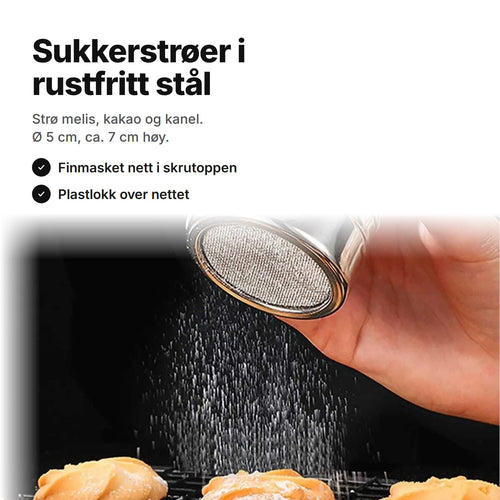 Sukkerstrøer i rustfritt stål som drysser melis over småkaker – Ø 5 cm, 7 cm høy, finmasket nett og plastlokk