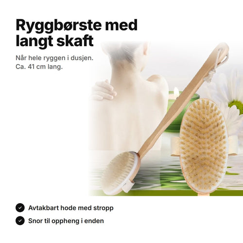 Ryggbørste med langt skaft i tre, ca. 41 cm, med avtakbart hode og stoffstropp