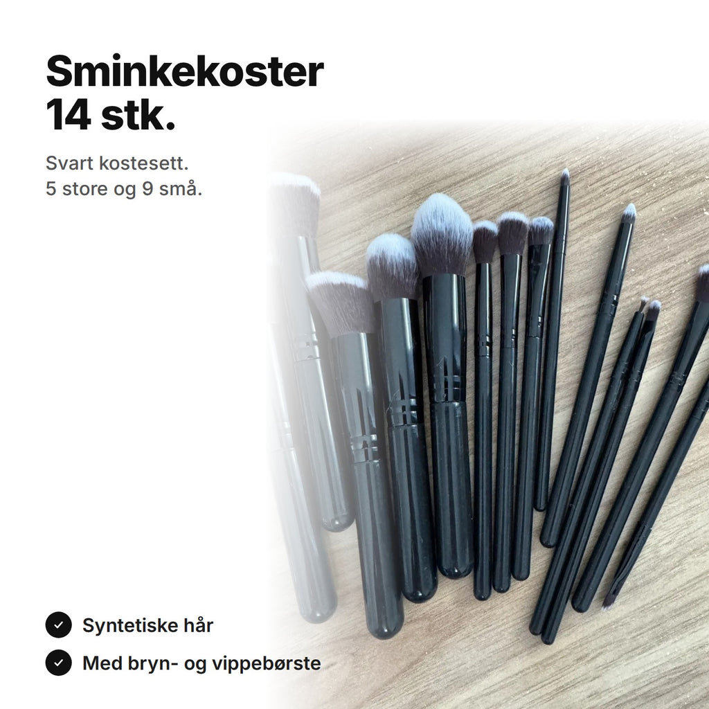 Sminkekoster 14 stk.: svart kostesett med 5 store og 9 små koster og syntetiske hår