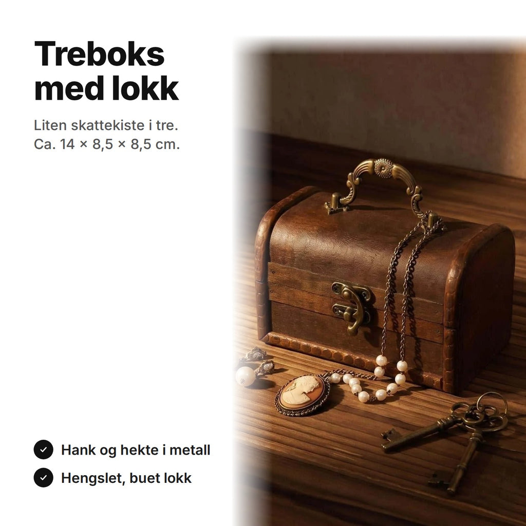 Treboks med lokk i vintagestil, ca. 14 × 8,5 × 8,5 cm, med hank og hekte i metall