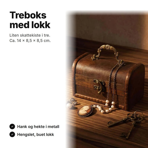 Treboks med lokk i vintagestil, ca. 14 × 8,5 × 8,5 cm, med hank og hekte i metall