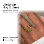 Justerbar ring til dame med stjerne og måne, gullfarget – motivet ca. 1,8 cm bredt