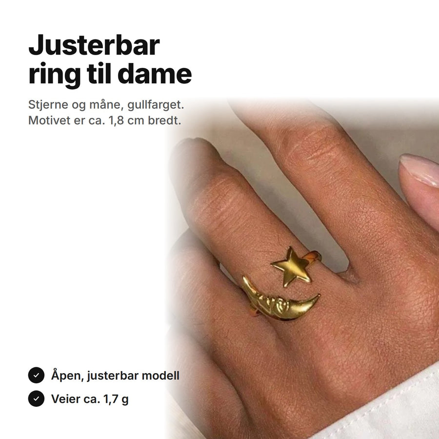 Justerbar ring til dame med stjerne og måne, gullfarget – motivet ca. 1,8 cm bredt
