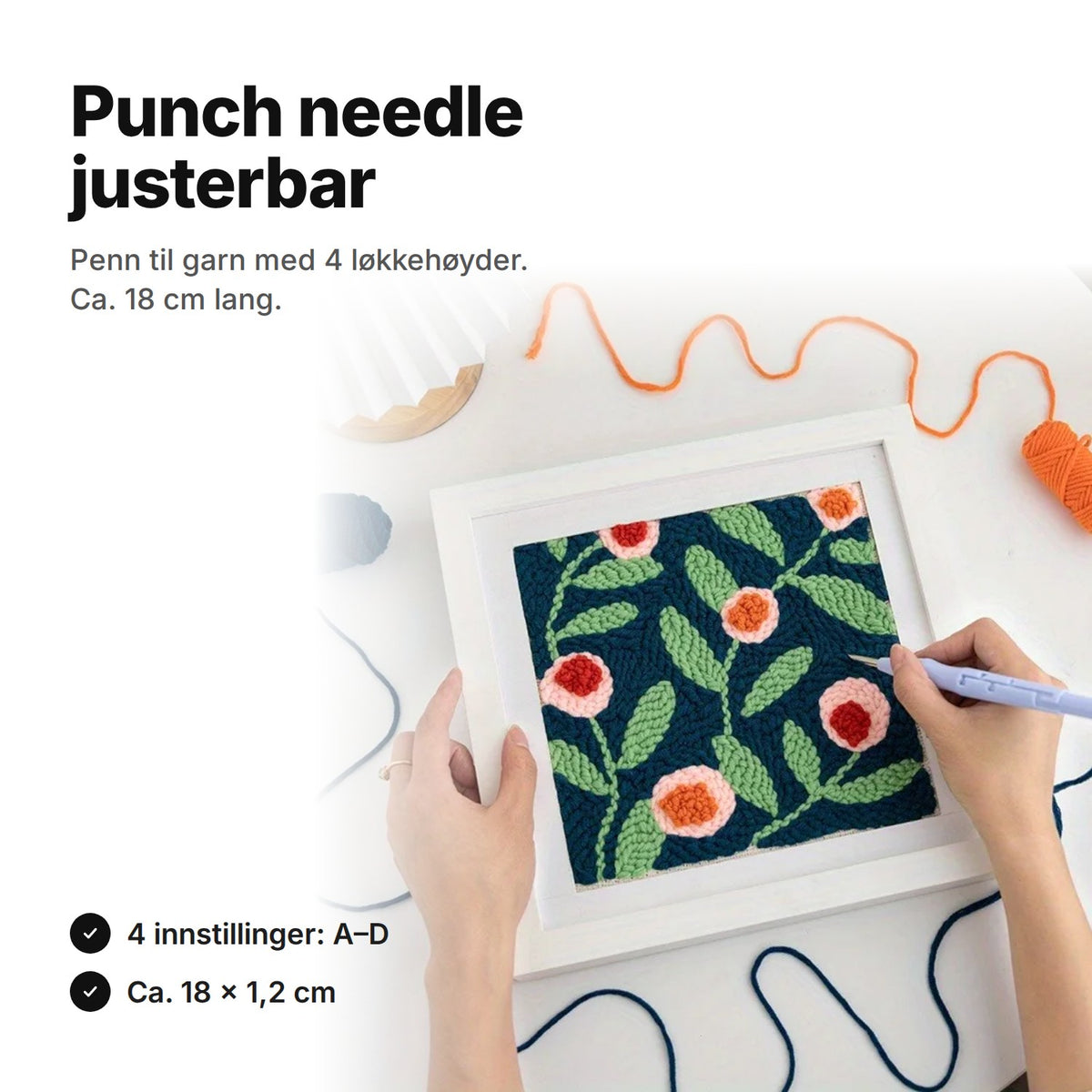 Punch needle justerbar: penn til garn med 4 løkkehøyder, ca. 18 × 1,2 cm