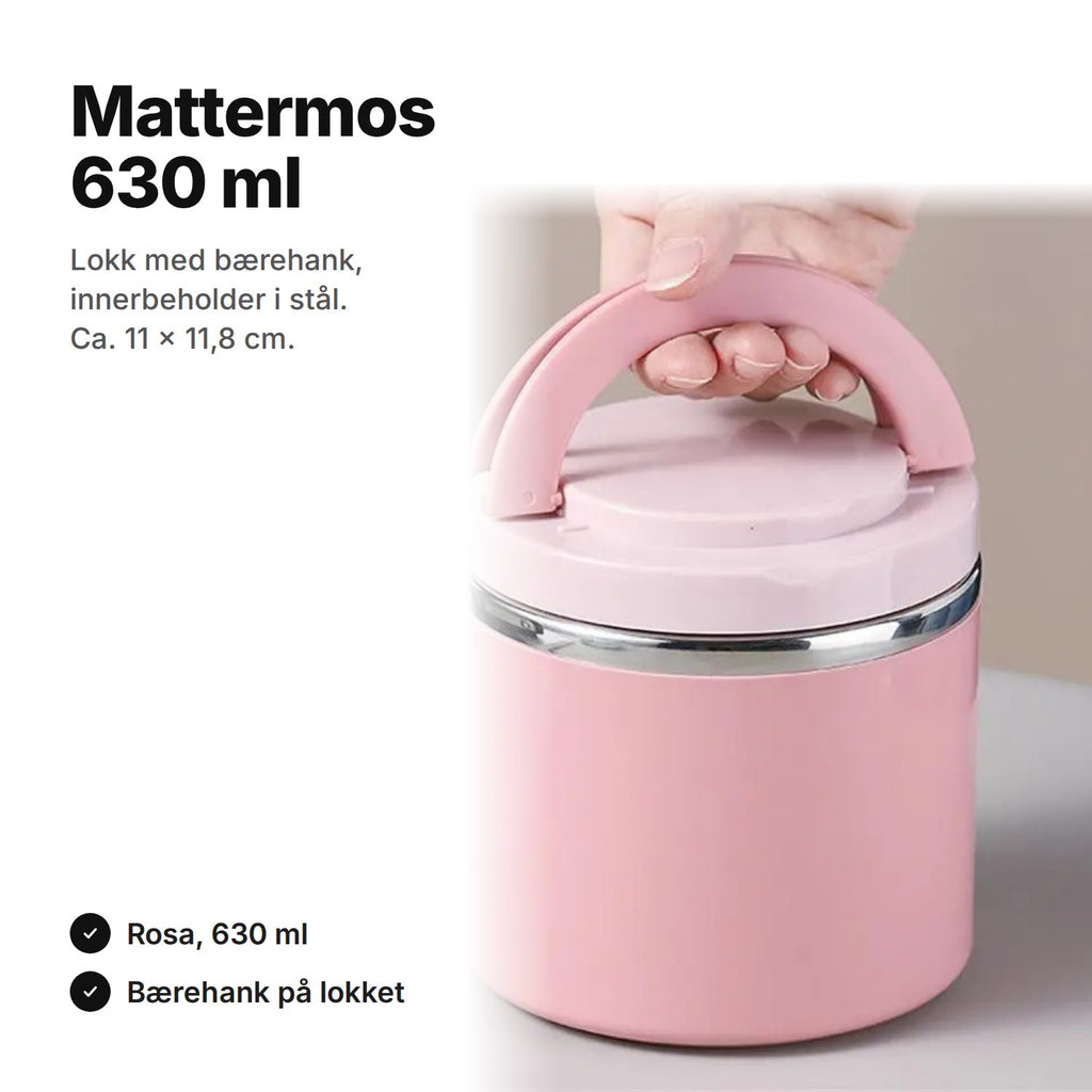 Rosa mattermos 630 ml med buet bærehank på lokket, ca. 11 × 11,8 cm