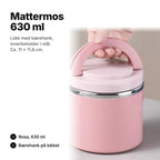 Rosa mattermos 630 ml med buet bærehank på lokket, ca. 11 × 11,8 cm