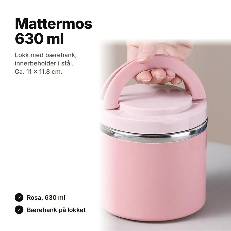 Rosa mattermos 630 ml med buet bærehank på lokket, ca. 11 × 11,8 cm