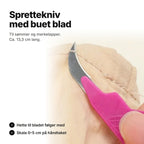 Sprettekniv med buet blad og rosa håndtak, ca. 13,3 cm, til sømmer og merkelapper