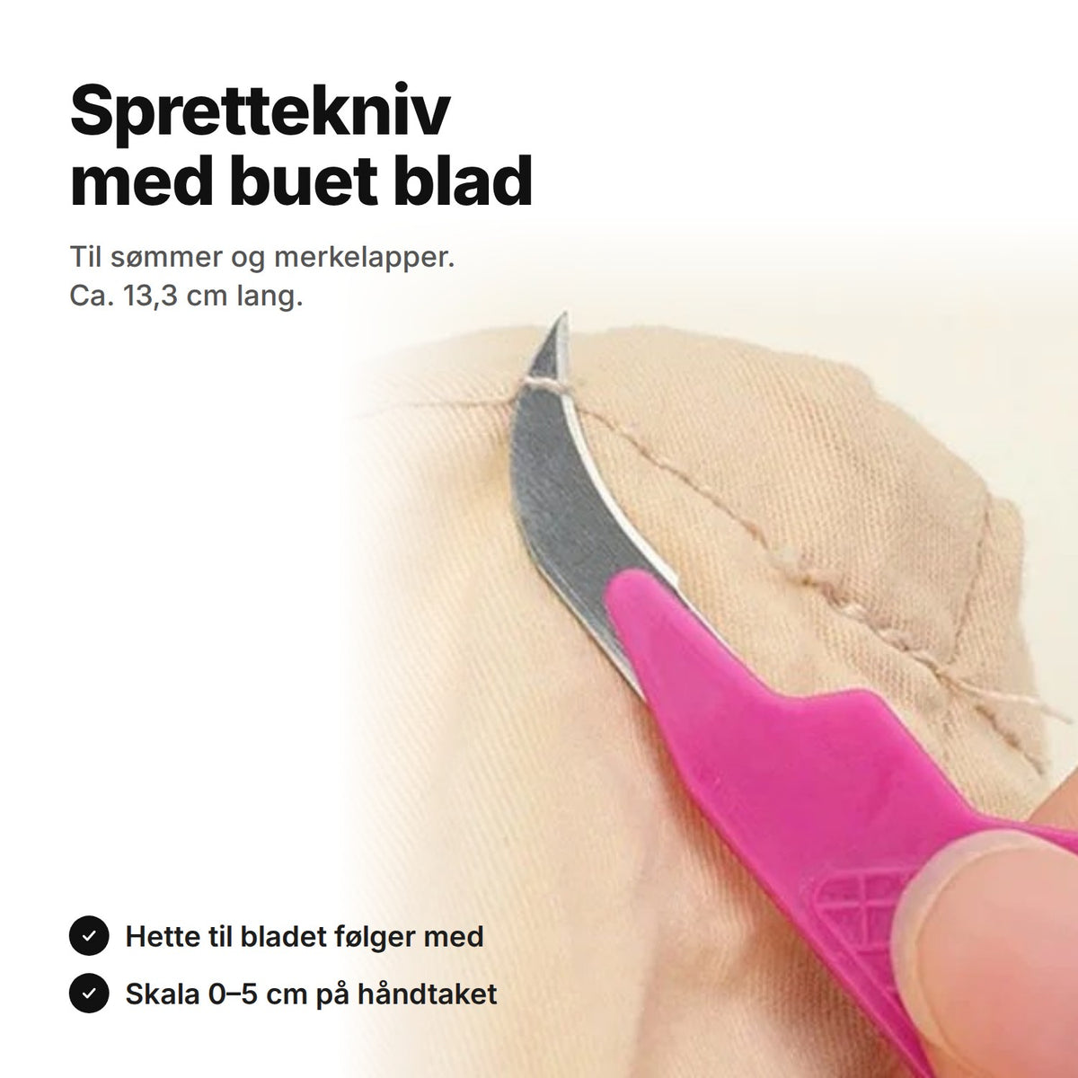 Sprettekniv med buet blad og rosa håndtak, ca. 13,3 cm, til sømmer og merkelapper