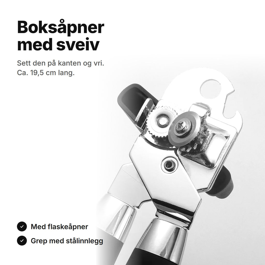 Boksåpner med sveiv og flaskeåpner – hodet med tannhjul på nært hold, ca. 19,5 cm lang