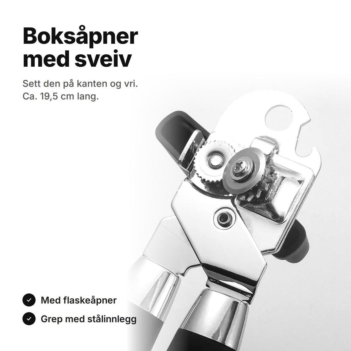 Boksåpner med sveiv og flaskeåpner – hodet med tannhjul på nært hold, ca. 19,5 cm lang