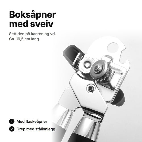 Boksåpner med sveiv og flaskeåpner – hodet med tannhjul på nært hold, ca. 19,5 cm lang