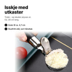 Isskje med utkaster i rustfritt stål med sort håndtak og full skål – ca. 20 cm, kuler Ø ca. 4,7 cm