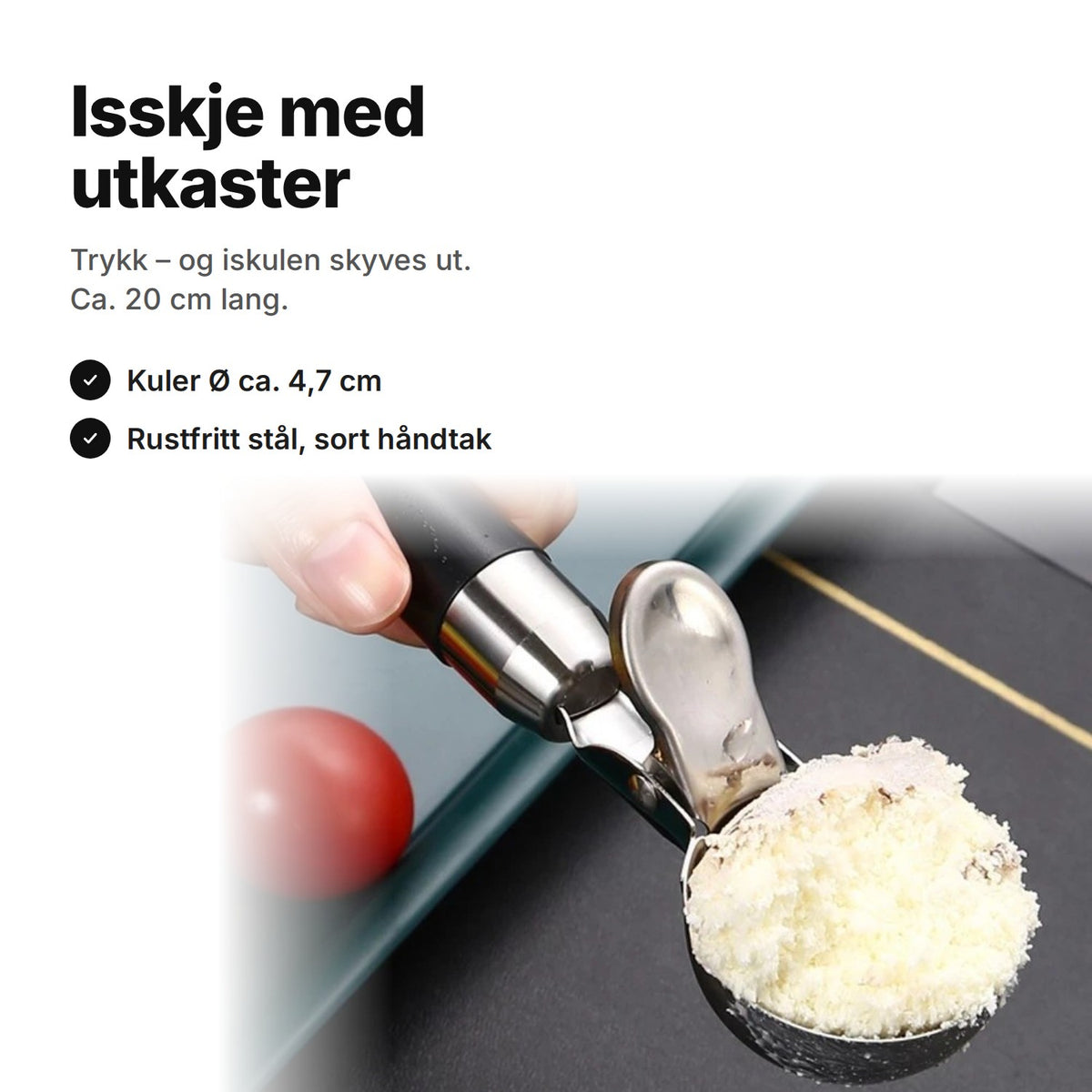 Isskje med utkaster i rustfritt stål med sort håndtak og full skål – ca. 20 cm, kuler Ø ca. 4,7 cm