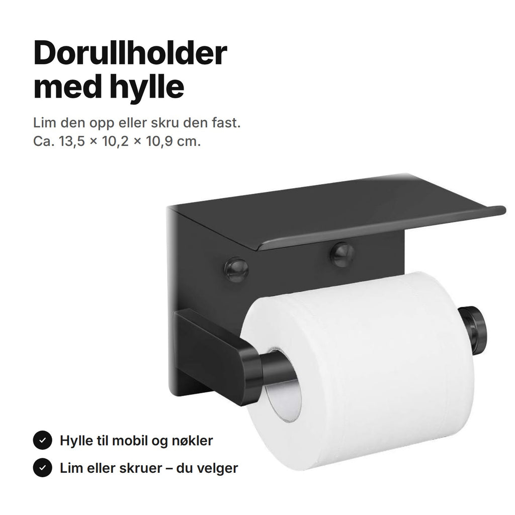 Dorullholder med hylle i sort rustfritt stål med en dorull på armen – lim den opp eller skru den fast, ca. 13,5 × 10,2 × 10,9 cm